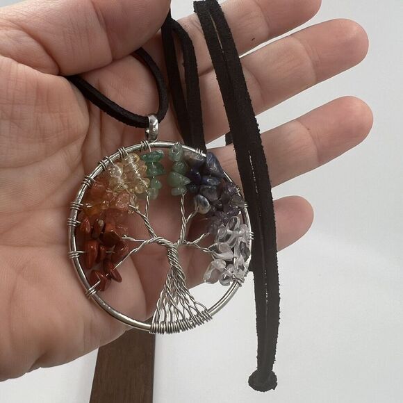 Natural Gemstone Tree Of Life Necklace Leather Chakra Healing Wire Wrap - Picture 8 of 8